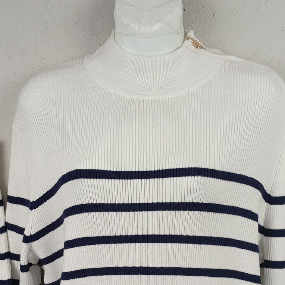 Anne Klein Womens Navy Blue/ White Striped Long Sleeve Knit Sweater sz L - Picture 4 of 12